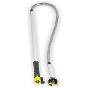 A white hose with yellow end and black handle.