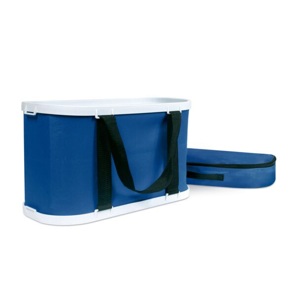 A blue cooler sitting on top of a table.