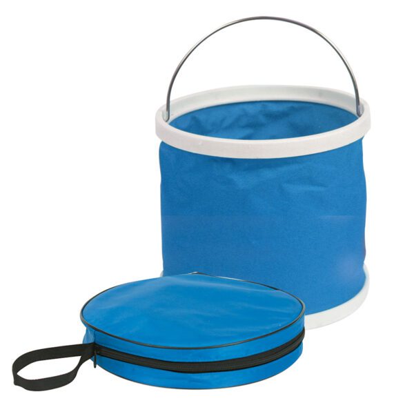 A blue bucket and a round bag