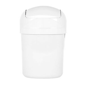 A white trash can with the lid up.