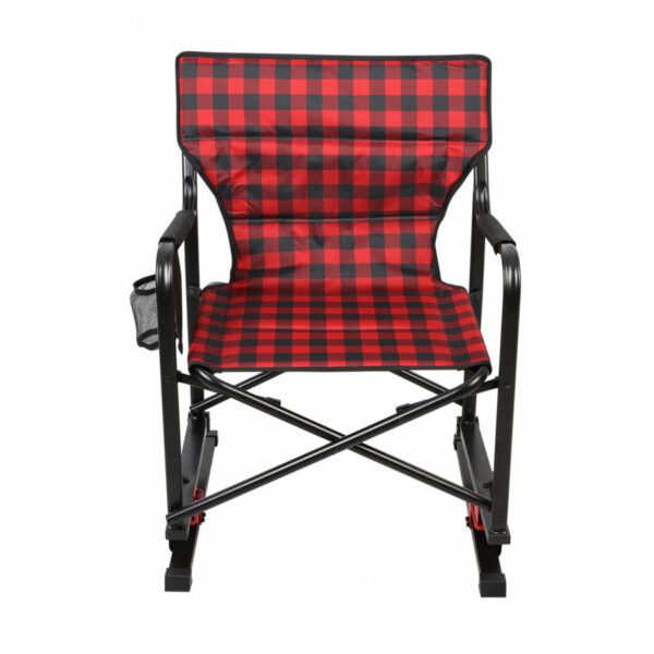 A red and black plaid chair with a handle.