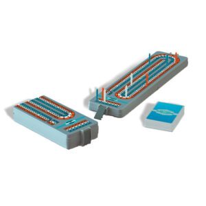 A toy of a train track with a card