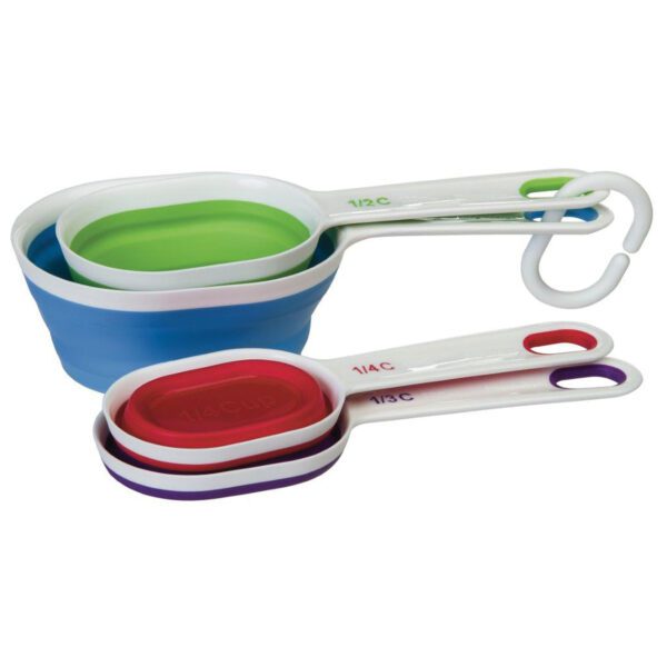 A set of three measuring cups with different colors.