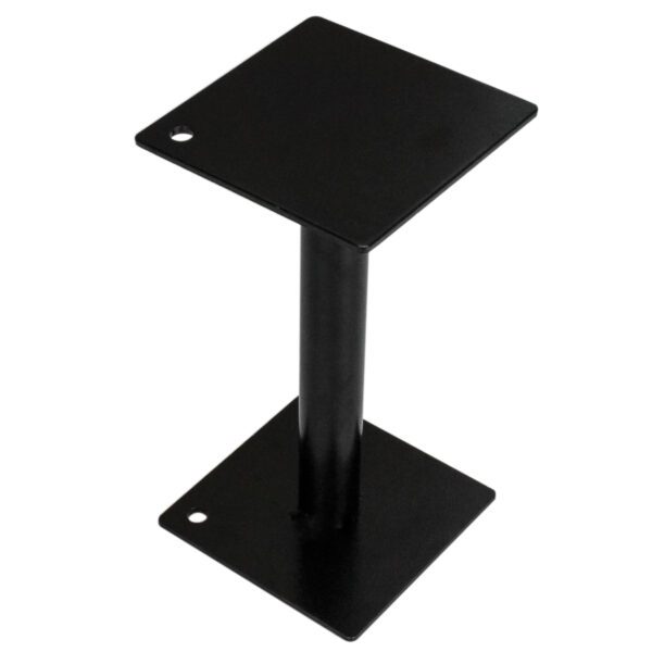 A black square metal stand with two holes for mounting.