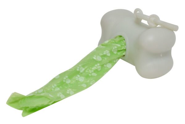 A green and white dog toy with a bone shaped handle.