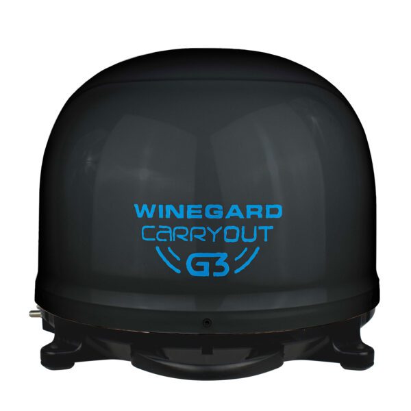 A black and blue dish antenna with the words " winegard carryout g 3 ".