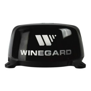 A black winegard antenna with white lettering.