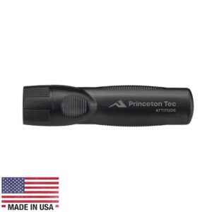 A black flashlight is shown with the american flag.