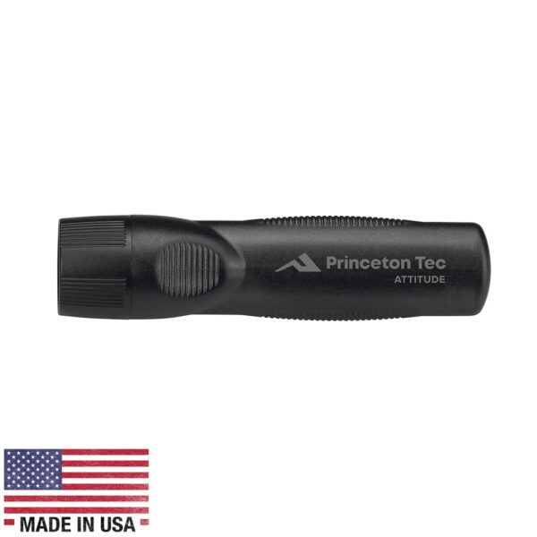 A black flashlight is shown with the american flag.