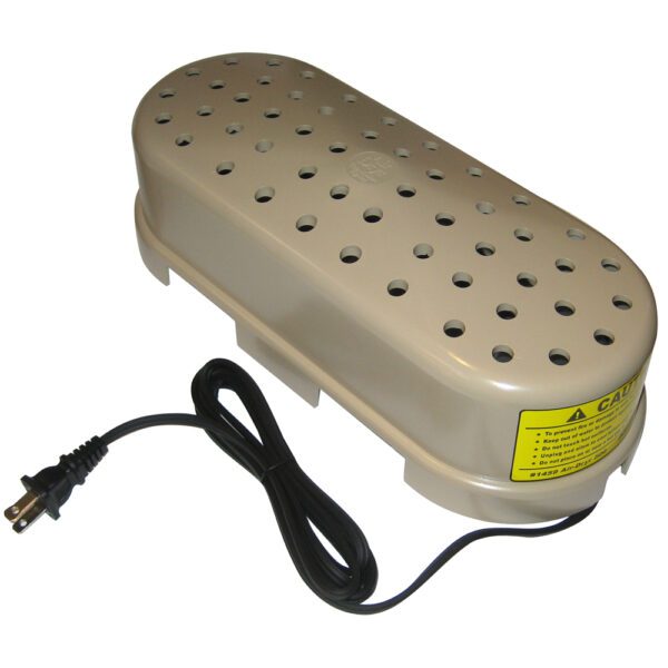 A gray foot bath with yellow lettering and a power cord.