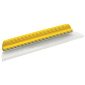 A yellow and white plastic blade laying on top of a floor.