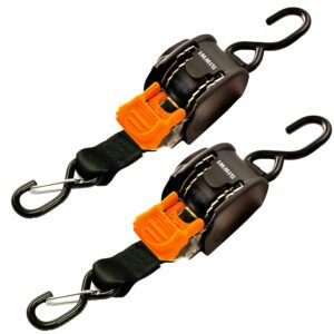 A pair of orange and black ratchet straps.