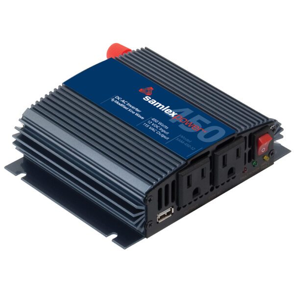 A black and blue power inverter is on the ground