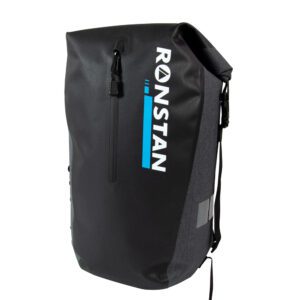 A black backpack with blue and white lettering.