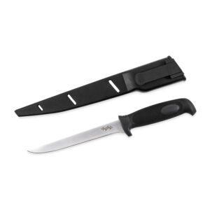 A knife and sheath are shown on a white background.