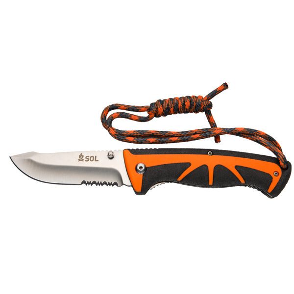 A knife with an orange handle and black handle.