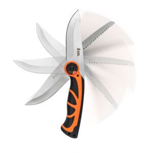 A pair of scissors with orange handles and six blades.