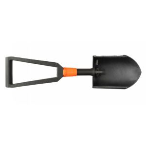 A black shovel with an orange handle.