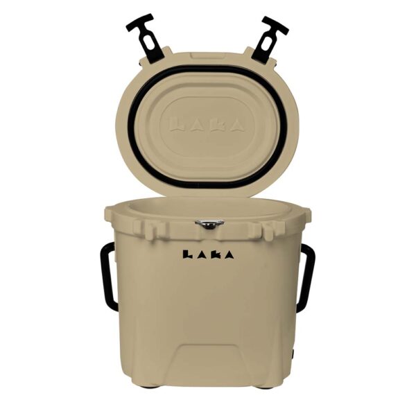 A tan cooler with handles and lid open.