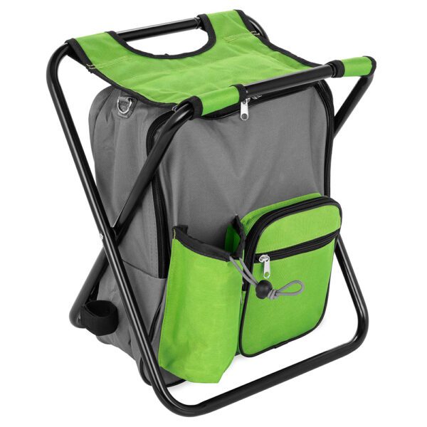 A backpack chair with a cooler bag attached.