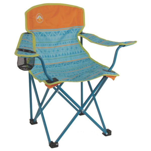 A blue and orange folding chair with an arm rest.