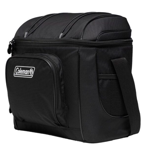 A black coleman cooler bag with an adjustable strap.