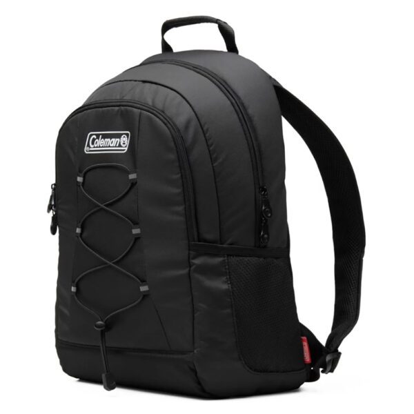 A black backpack with a red tag on the side.