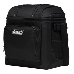 A black coleman cooler bag sitting on top of a table.