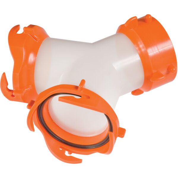 A plastic tube with orange handles and a white cap.