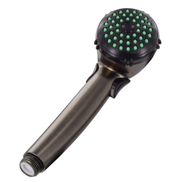 A shower head with green lights on it.