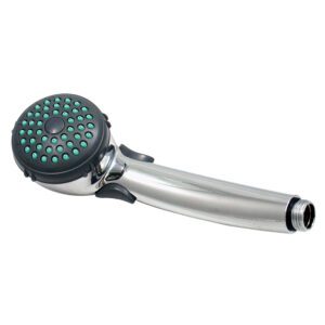 A shower head with a black and silver handle.