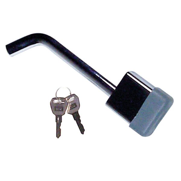 A key is attached to the handle of a black metal device.