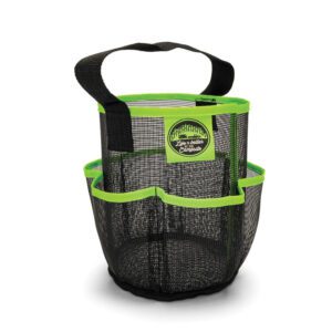 A black and green mesh bag with handles.