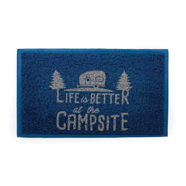 A blue mat with the words " life is better at the campsite ".