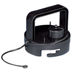 A black plastic container with a wire attached to it.