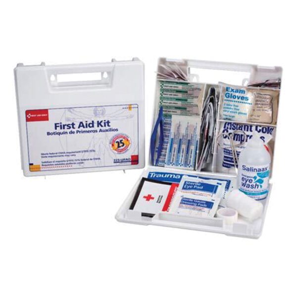 A first aid kit with contents inside of it.