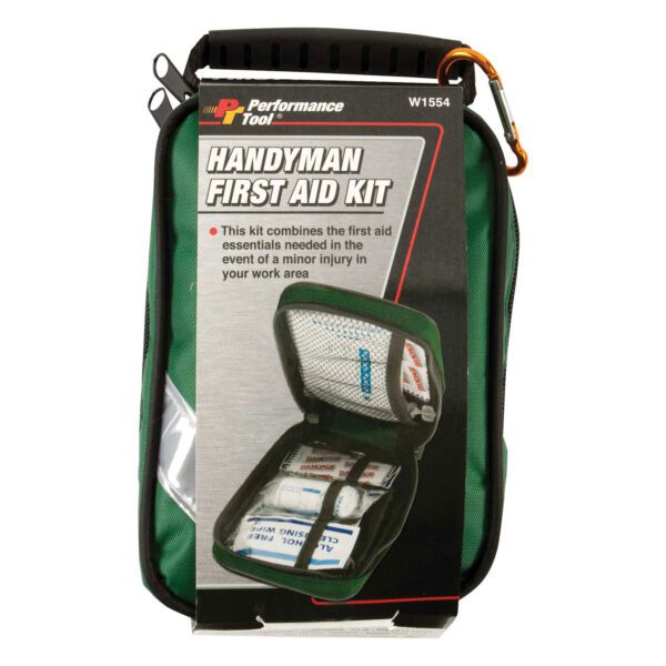 A first aid kit with a green bag