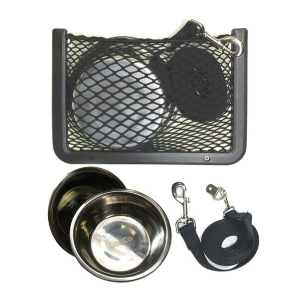 A black mesh basket with two bowls and a leash.