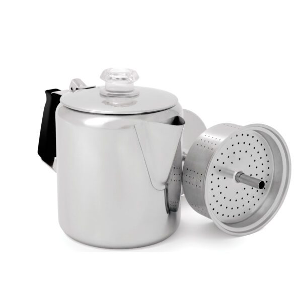 A silver coffee pot with lid and handle.