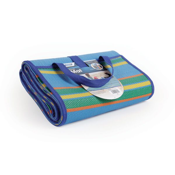 A blue striped blanket with a handle on top of it.