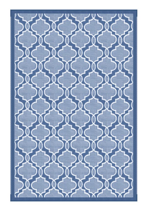 A blue and white rug with an ornate pattern.