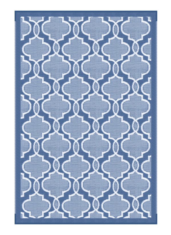 A blue and white rug with an ornate design.