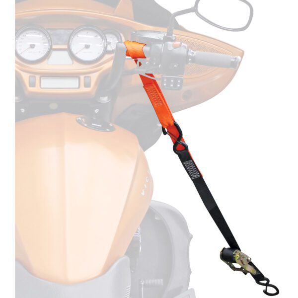 A motorcycle tie down with an orange handle.