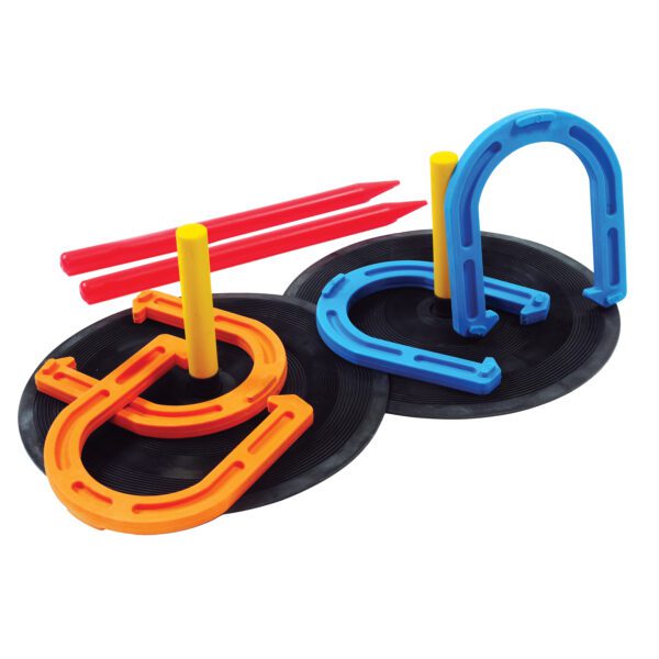 A set of two plastic horseshoes with sticks.