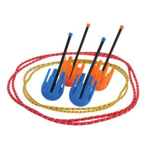 A red, yellow and blue frisbee with four forks on it.