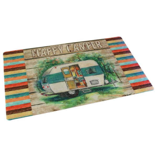 A painting of an rv camper on a wood background.