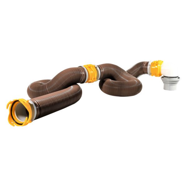 A brown hose with yellow ends and a black handle.