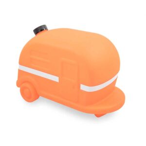 A toy camper is orange and has white stripes.