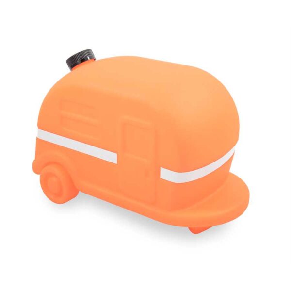 A toy camper is orange and has white stripes.