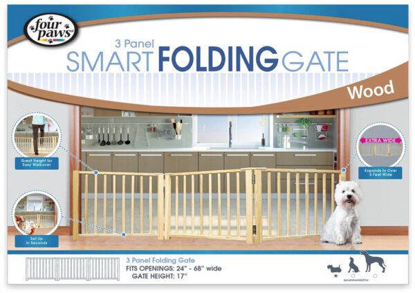 Four Paws 3 Panel Smart Folding Wood Gate for Pets - Image 2